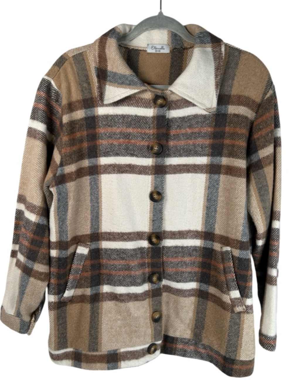 Eternelle Brown Plaid Brushed Fleece Button Front Shacket Jacket women’s large